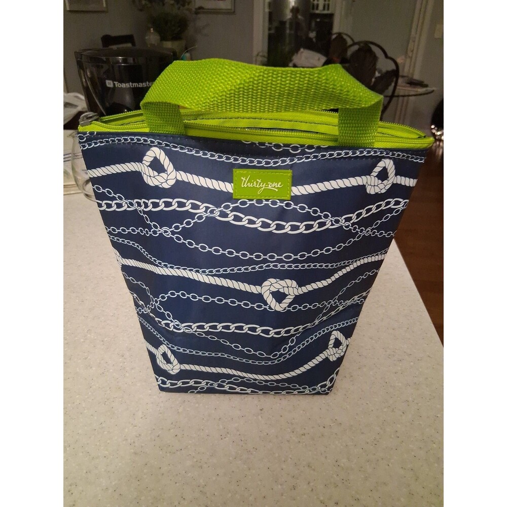 Thirty-One Thermal Tote Nautical Lunch Bag Insulated Navy Lime Green